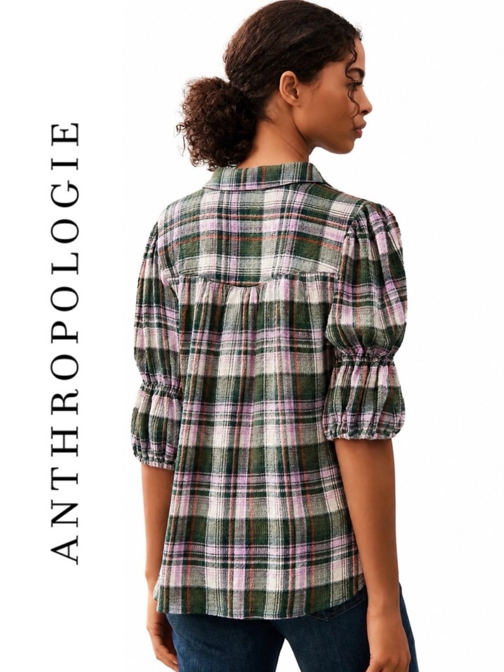 Anthropologie Pilcro Tallulah Plaid Button-Front Puff Sleeve Shirt XS